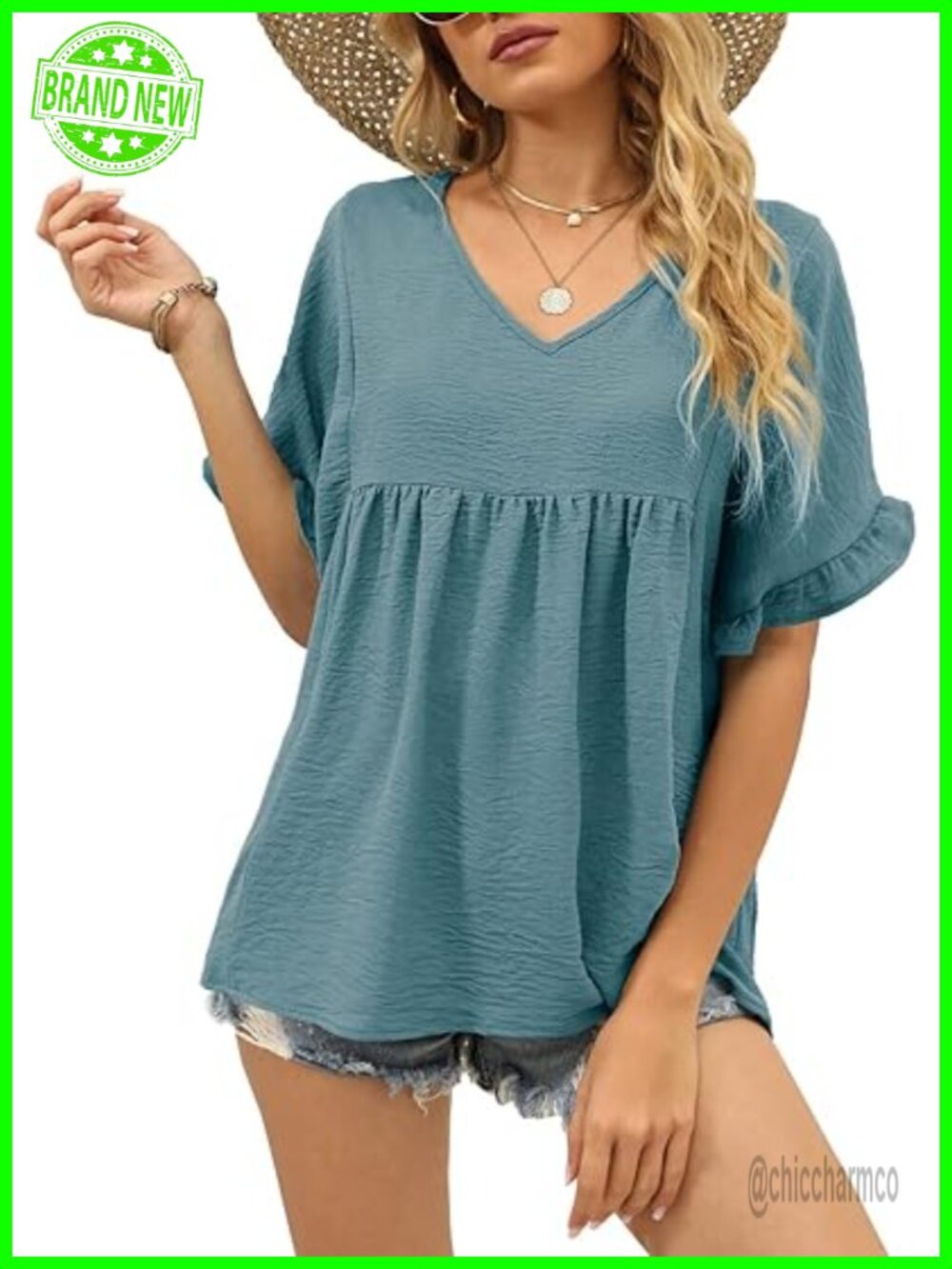 V Neck Ruffle Sleeve Babydoll Peplum Tunic Tee